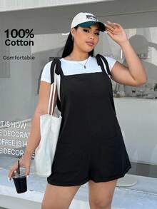 SHEIN EZwear Plus Size Black Woven Knot Cami Romper - Black - View 6