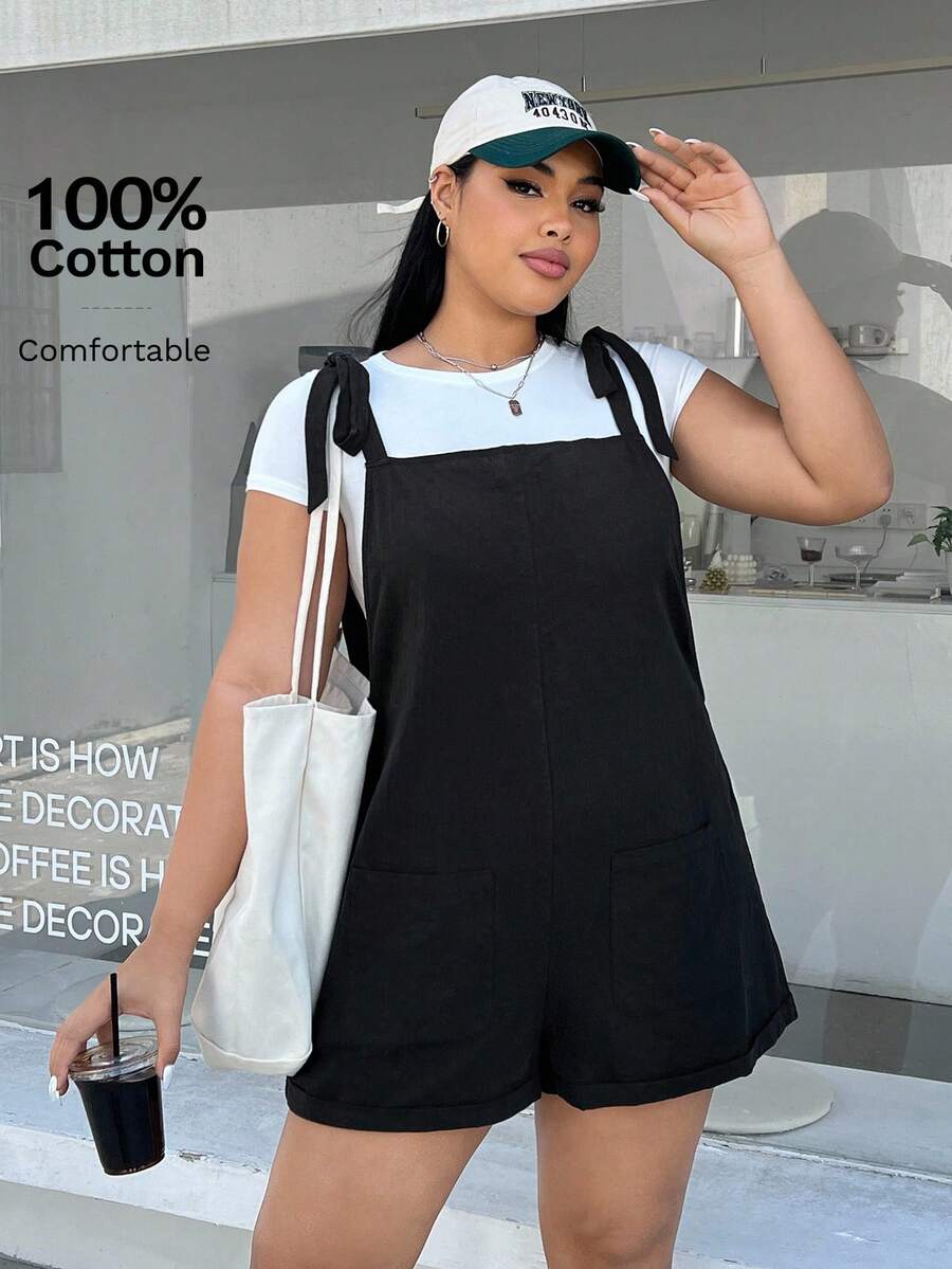 SHEIN EZwear 大碼黑色針織結繩背心連體褲 - 黑色 - 查看 1