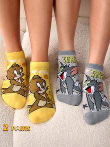 TOM & JERRY X SHEIN 2Pairs Soft & Breathable Moisture-Wicking Casual Women Ankle Socks Fashionable Cute Cartoon Grey & Yellow Short Socks Reinforced Toe & Heel For Durabiliy Unisex Men All Season All-Match Summer Winter,Graphics Socks - Multicolor - View 2