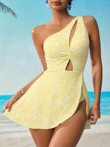 Swim Lushoire 女士印花扭结镂空单肩泳装连衣裙，夏季度假 - 黃色 - 查看 5