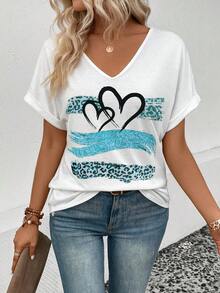 EMERY ROSE Women's Casual V-Neck Cuffed Sleeve Heart Print T-Shirt - White - View 3