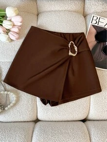 Franclia 2026 New Style Fashionable And Versatile High-Waisted Slimming Knot Metal Buckle Irregular Skirt Pants Anti-Exposure Shorts Brown Bodycon Skirt Pants For Women, Spring/Summer Clothing, Summer Outfits, Elegant Bottoms, Back-To-School Outfits, Women's Casual Wear, Versatile Skirt Pants, Brown Shorts - Brown - View 4