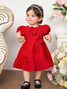 Baby Girl Casual 3D Floral Decor Round Neck Puff Sleeve Ruffle Hem Babydoll Dress, Red, Spring/Summer - Red - View 5