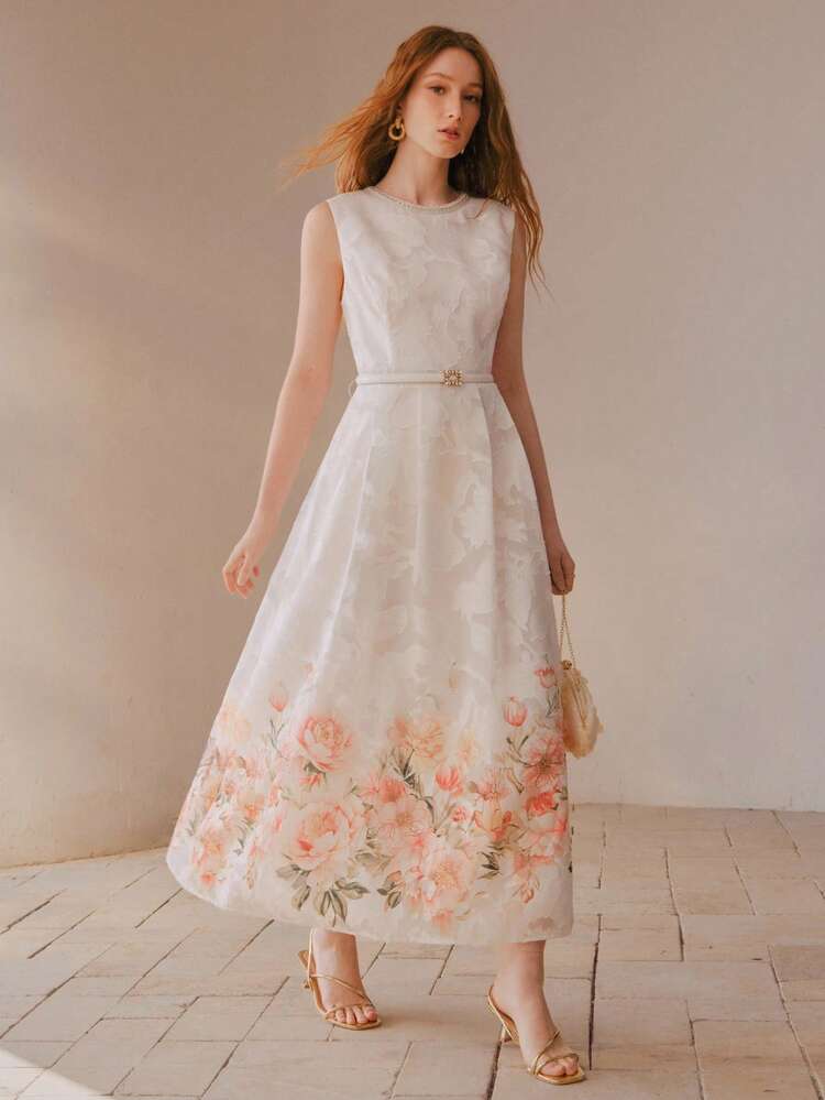 FLORAL PRINT JACQUARD FLOWER APPLIQUE RHINESTONE BELTED SLEEVELESS DRESS