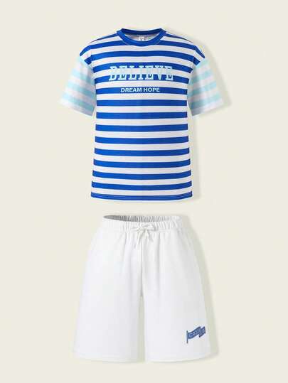 Tween Boys' Casual Raglan Sleeve Striped T-Shirt & Graphic Print Shorts Set, Loose Fit, American Style, Suitable For Summer Outings