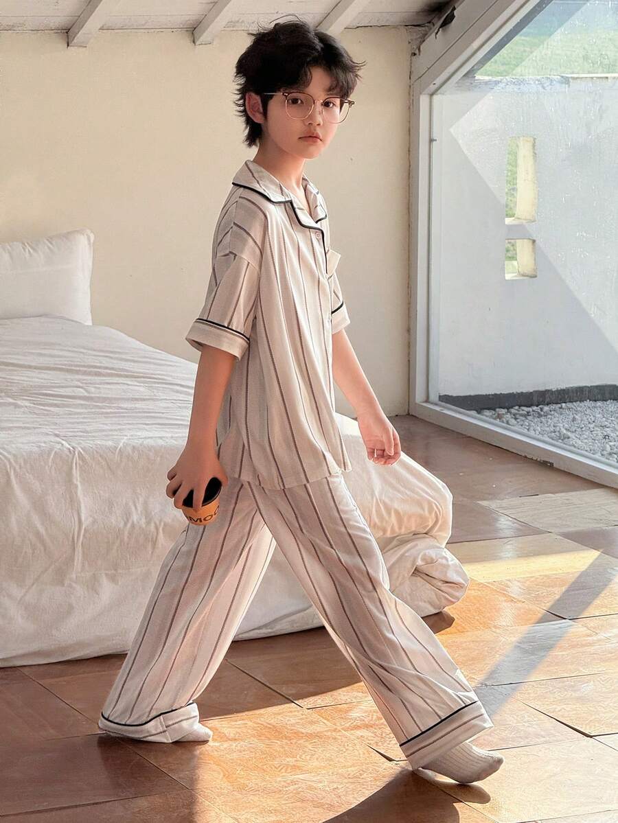 DAZY Tween Boy Striped Print Lapel Collar Loose Fit Shirt And Pants Pajama Set, Spring/Summer/Autumn - Grey - View 1
