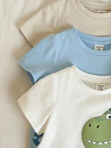 SHEIN 3件套男女宝宝休闲可爱恐龙印花短袖T恤套装，男宝宝夏季服装 - 彩色 - 查看 5