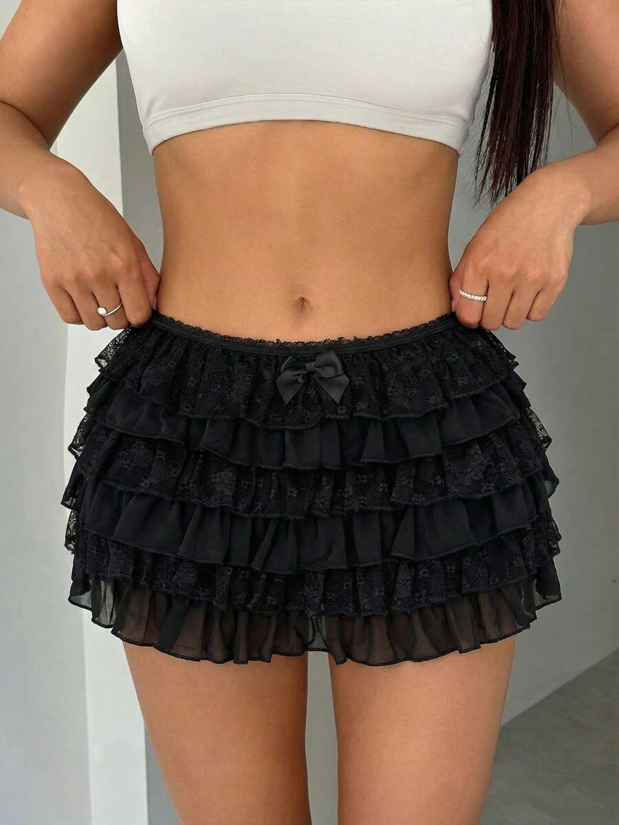 SHEIN SXY 女士时尚多层荷叶边蕾丝短裙 - 黑色 - 查看 1