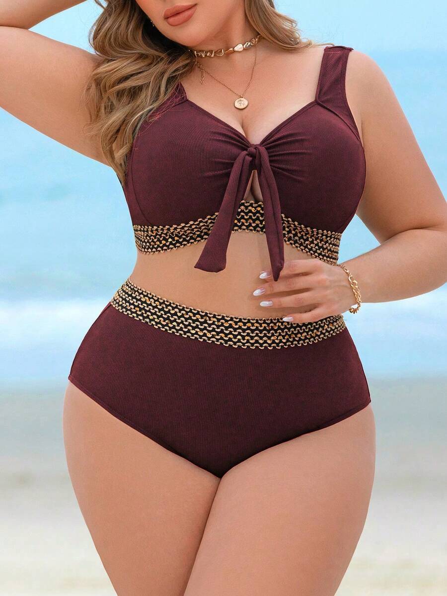 Swim Lushoire Plus Size Women 2pcs Ribbed Fabric Chest Tie Decor Underboob Strap High Waist Bikini Swimsuit Set, Sexy & Elegant For Beach Holiday - Burgundy - View 1