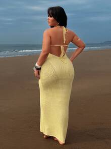 Rustia Maxikleid in Große Größen für Damen mit Spaghettiträgern, Knotendetail und gehäkeltem Seestern-Muster, geeignet für den Urlaub, Frühling/Sommer/Herbst, Strandoutfit - Gelb - Übersicht 2