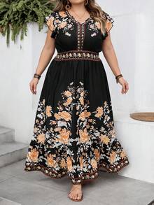 SHEIN CURVE+ Curve 尺码 US22 音乐节、海滨度假、波西米亚风 V 领短袖荷叶边下摆复古印花连衣裙 波西米亚风连衣裙 - 彩色 - 查看 6