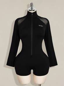 SHEIN ICON 大码女式网纱拼接紧身连体裤 - 黑色 - 查看 8