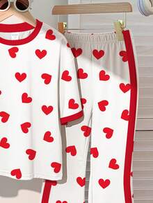 Tween Girls Cute Multicolor Heart Print Tee And Pants Co-Ord Set With Contrast Piping Drop Shoulder Short Sleeve Round Neck Regular Fit - Multicolor - View 5