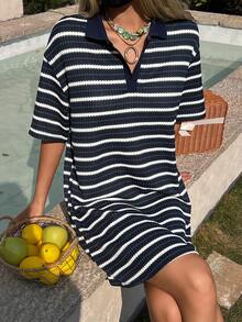 DAZY Women's Collared Textured Fabric Striped Casual Mini Dress - Navy Blue - View 1