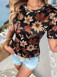 SHEIN Holidaya 女士优雅休闲度假印花短袖T恤 - 彩色 - 查看 1