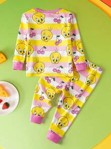 LOONEY TUNES X SHEIN Baby Girl Cartoon Tweety Bird & Cherry Print Cute Sweet Graphic Long Sleeve T-Shirt And Leggings Pajama Set - Pink - View 2
