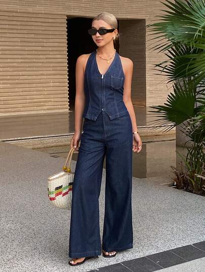 DAZY Women's V-Neck Sleeveless Denim Vest And Loose Straight Leg Denim Pants Casual Elegant Denim Suit