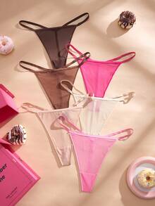 Eraneu 6pcs/Pack Solid Color Sheer Mesh Sexy Thong Panties For Women - Multicolor - View 6