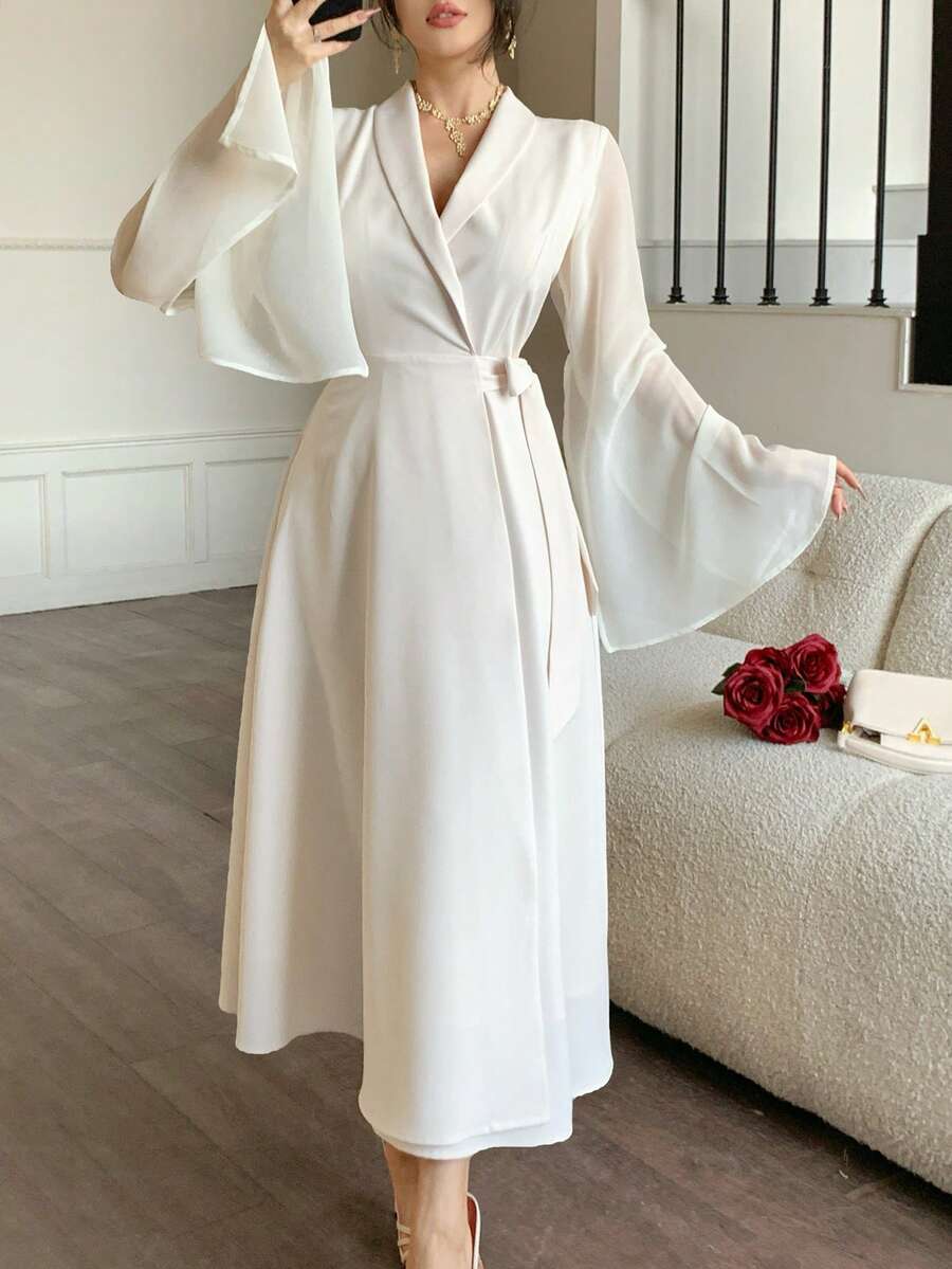 DAZY Women's Lapel Side Tie Waist Elegant Long Suit Dress, Casual & Chic - Apricot - View 1