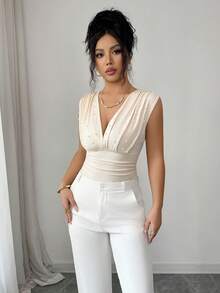 Selianne Apricot Faux Pearl Elegant Romantic Women Bodysuit - Apricot - View 3