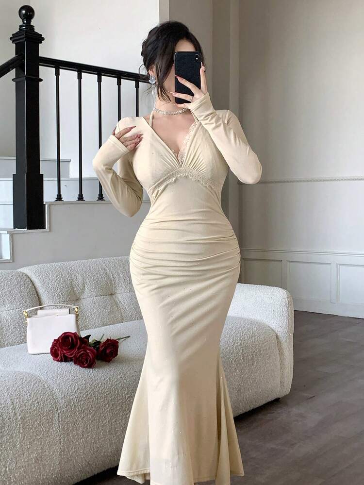 Women's V-Neck Lace Patchwork Halter Tie Waist Fishtail Midi Dress, Elegant Sundress