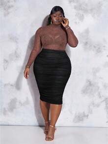 CurvyTilda Plus High Waist Ruched Pencil Skirt, For Hourglass Body Shape - Black - View 2