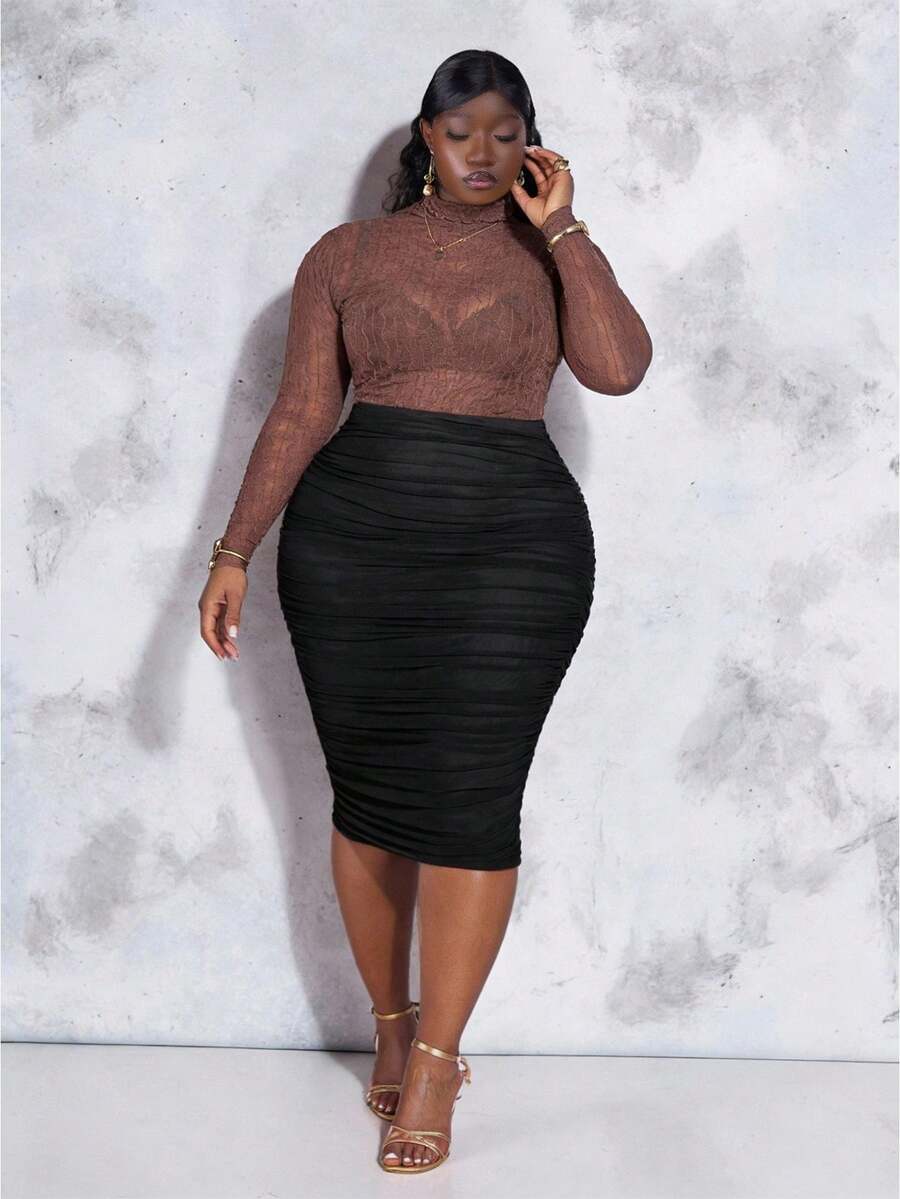 CurvyTilda Plus High Waist Ruched Pencil Skirt, For Hourglass Body Shape