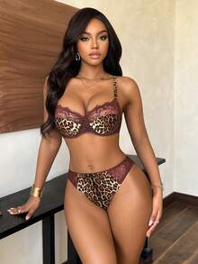 2pcs Animal Print Lace Patchwork Lingerie Set - Brown - View 5