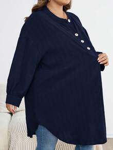 SHEIN CURVE+ Áo sơ mi dài tay đơn giản màu trơn dành cho nữ cỡ lớn - Màu xanh hải quân - Xem 5