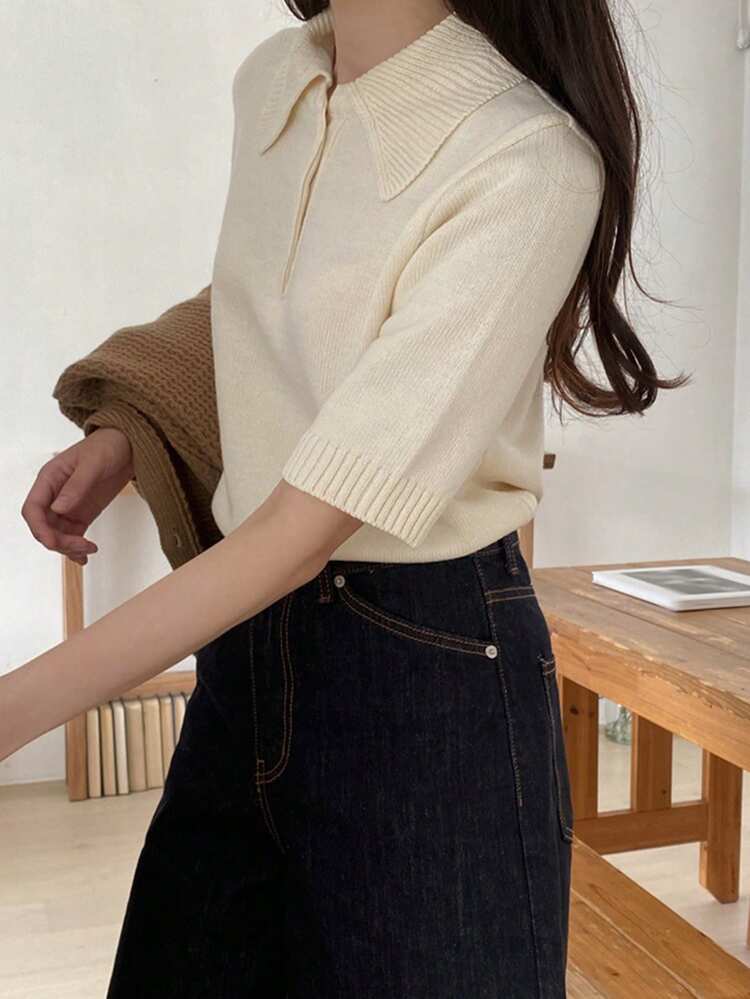 Casual Polo Collar Short Sleeve Sweater For Women, Soft & Cozy Knit Top