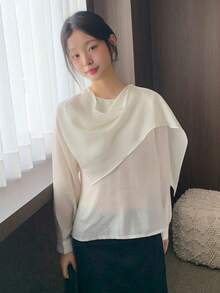 DAZY Women's Casual French Style Loose Collar Long Sleeve Sun Protection Shirt, Lazy & Youthful - Beige - View 5