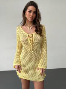 RiviMae Sexy V-Neck Tie-Up Hollow-Out Knitted Long Sleeve Beach Dress - Yellow - View 8