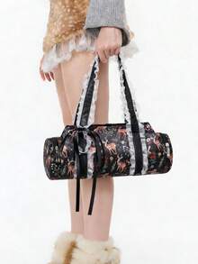ROMWE Kawaii Bolso redondo blanco vintage y lindo con decoración de encaje con lazo, bolso de hombro estilo Boston para mujer, estilo femenino - Zorro Negro - Ver 8