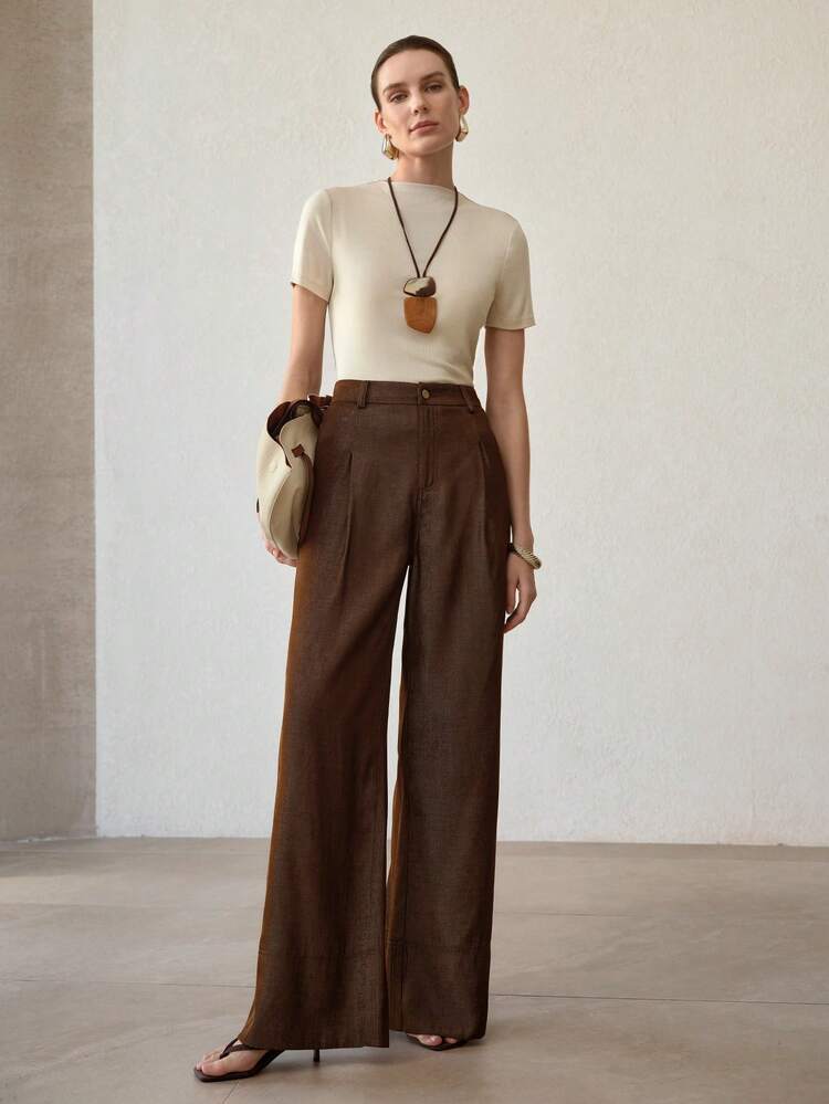WOMEN'S BROWN FAUX  WIDE LEG PANTS, VINTAGE STYLE, VERSATILE FOR WORK AND CASUAL WEAR, SPRING/SUMMER