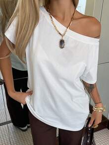 Livesso 女士宽松露肩休闲短袖度假风T恤 - 白色 - 查看 6