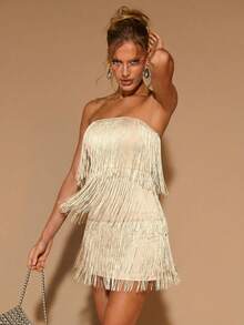 COSMINA 女士时尚流苏装饰抹胸迷你连衣裙，夏季派对 - 杏色 - 查看 4