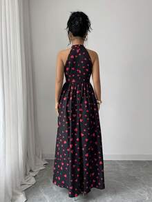 SHEIN Raffinéa Đầm chữ A nữ cổ yếm, khoét eo, xếp ly, in hình trái tim, thích hợp cho ngày Valentine, hẹn hò, mặc hàng ngày, mùa hè. - màu đen - Xem 2