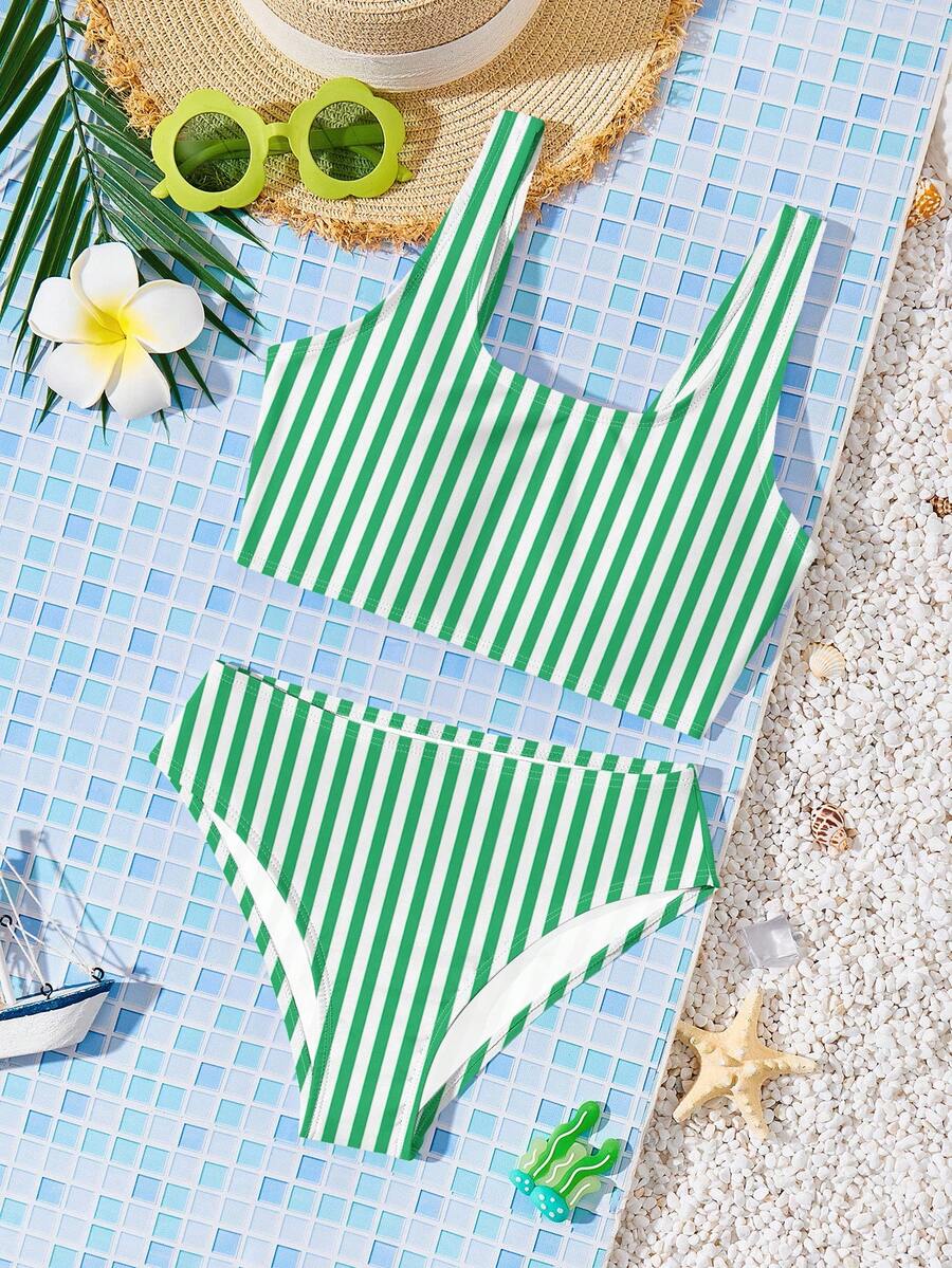 SHEIN Bộ đồ bơi hai dây và quần lót tối giản thường ngày cho bé gái tuổi teen, phù hợp cho mùa hè - màu xanh lá - Xem 1