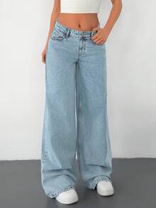 SHEIN Quần jean ống rộng cạp thấp thêu họa tiết - Rửa nhẹ - Xem 1
