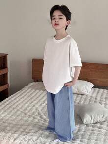 Dazy Kids Tween Boy Solid Color Short Sleeve Top And Striped Pants Pajama Set - White - View 5
