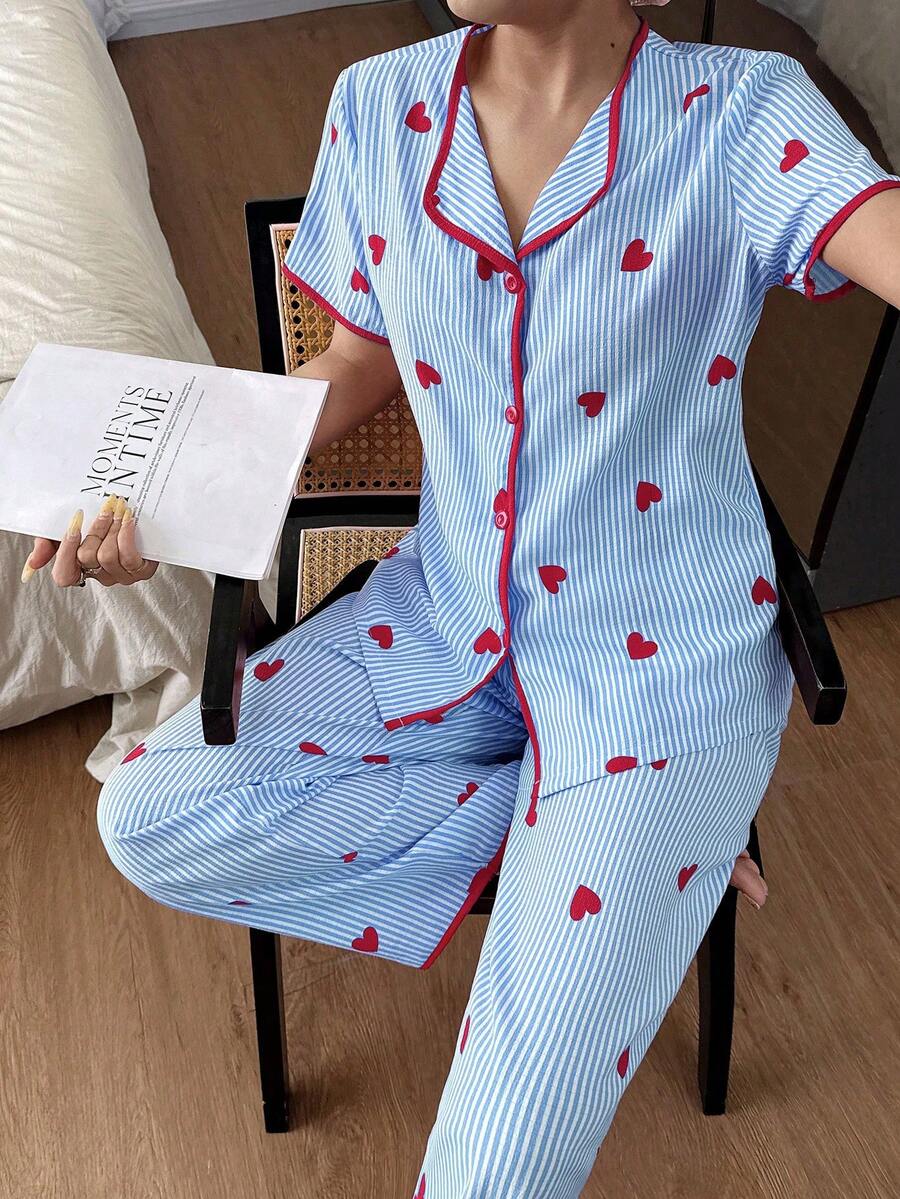 Napfluff Conjunto de pijama de mujer con cárdigan de manga corta y pantalones con estampado de corazones a rayas y efecto arrugado - Azul - Ver 1