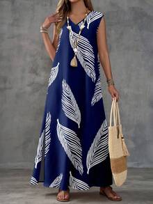 SHEIN LUNE Boho Chic Sleeveless V Neck Blue Woven Fabric Tunic Long Dress With Random Print And Slit Blue Maxi Dress Women Maxi Vacation Dress Women Vacation Dress Beach Long Dress Casual Long Dress ,Summer Dress - Blue - View 4