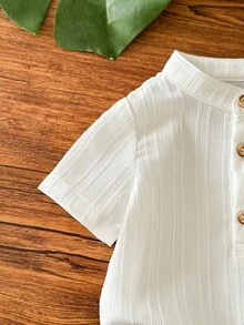 新生男宝宝休闲条纹裤和白色衬衫套装 - 米色 - 查看 5