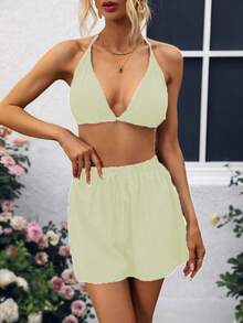 Breezaya Bộ 3 món áo dài tay phối lưới phía trước dành cho nữ - màu xanh lá - Xem 6