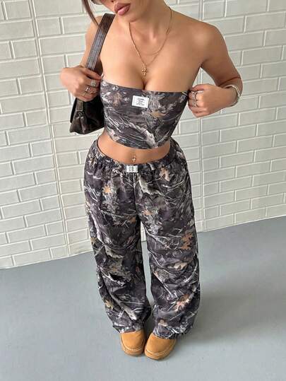 Rina Fox Büyük Beden Sade Baskılı Bandeau Üst ve Pantolon 2 Parça Takım