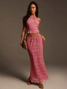 Athîral Women's Casual Vacation Pink Ruffle Trim 2 Pieces Set, Backless Camisole Top And Long Skirt - Pink - View 3