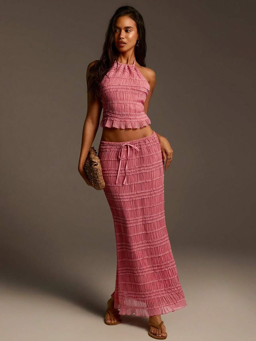 Athîral 女士休闲度假粉色荷叶边两件套，露背吊带上衣和长裙 - 粉色 - 查看 1
