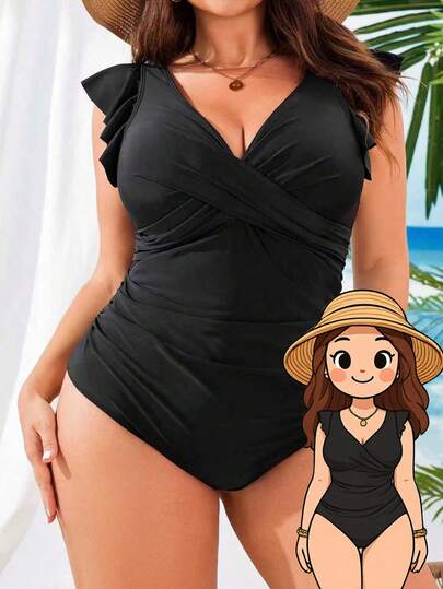 Swim Lushoire Plus Size Women's Solid Color Crossed Strap Flounce Sleeve One-Piece Swimsuit Black One-Piece Bathing Suit For Beach Vacation Summer