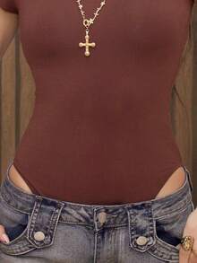 AfricaSnchz Women Casual Solid Slim Fit Bodycon Bodysuit - Chocolate Brown - View 3