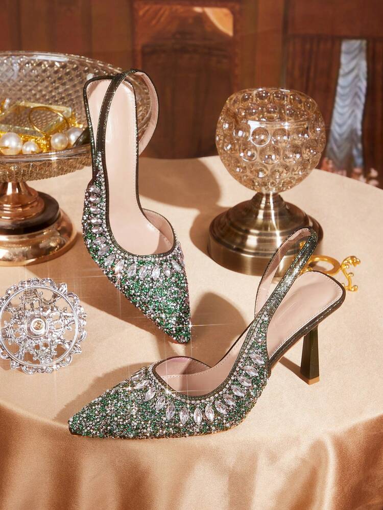CUCCOO TILAWA Women Shoes Pointed Thin High Heel Dark Green Rhinestone Gorgeous Fashion Party Banquet Wedding Ladies High Heel Shoes Slingback Women's Shoes
